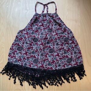 Abercrombie & Fitch Halter Top Size M Burgundy & Black Fringe Detailed Hem